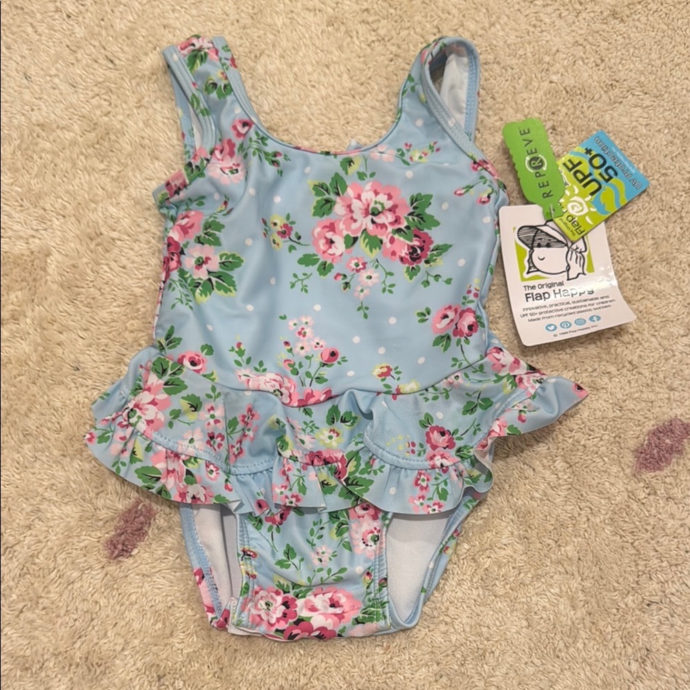 Ruffle Butts Blue Floral Kids Swim One Piece